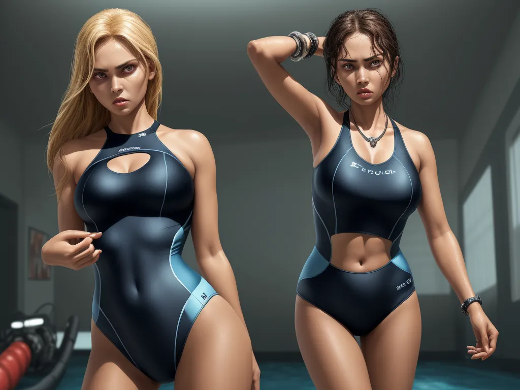 a woman in a swimsuit standing next to a man in a gym room with a machine behind her, by Lois van Baarle