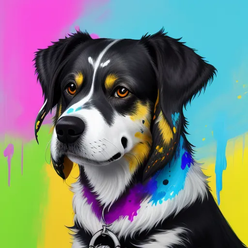 a dog with a colorful collar and a colorful background is shown in this painting of a dog with a colorful collar, by Patrice Murciano