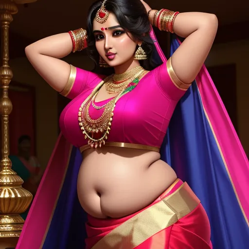 a woman in a pink and gold sari and a gold necklace and necklace on her belly and a gold necklace on her neck, by Raja Ravi Varma