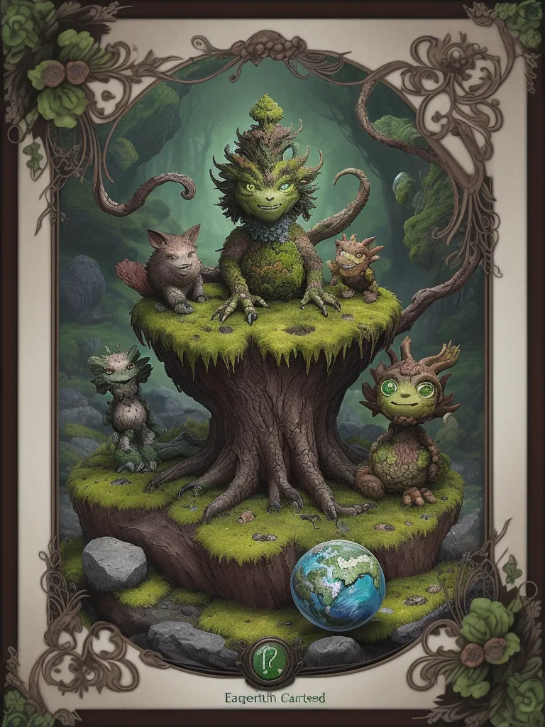 translate image online - a painting of a group of cats sitting on top of a tree stump with a globe in the background, by Naoto Hattori