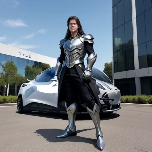 a woman in a silver suit standing next to a silver car in a parking lot with a building in the background, by Baiōken Eishun