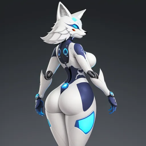 highest resolution image - a woman in a futuristic suit with a cat's head on her chest and legs, standing in front of a gray background, by theCHAMBA