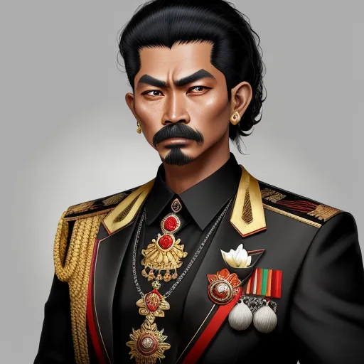 a man in a military uniform with a mustache and a mustache mustache, wearing a black suit and gold trimmings, by Terada Katsuya