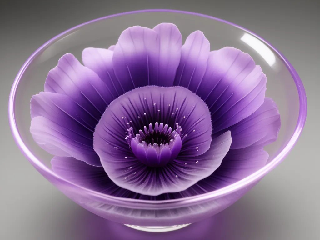 low quality images - a purple flower in a glass bowl on a table top with a gray background and a reflection of the flower in the bowl, by René Lalique
