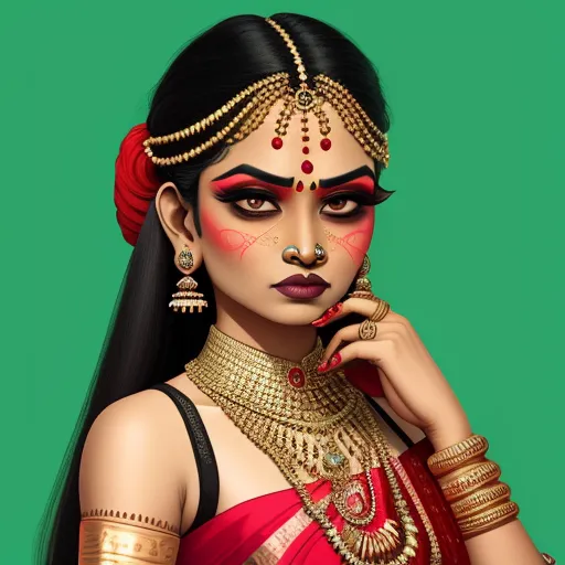 nsfw ai image generator - a woman with a red and gold makeup and jewelry on her face and her hand near her face, wearing a red and gold necklace, by Lois van Baarle