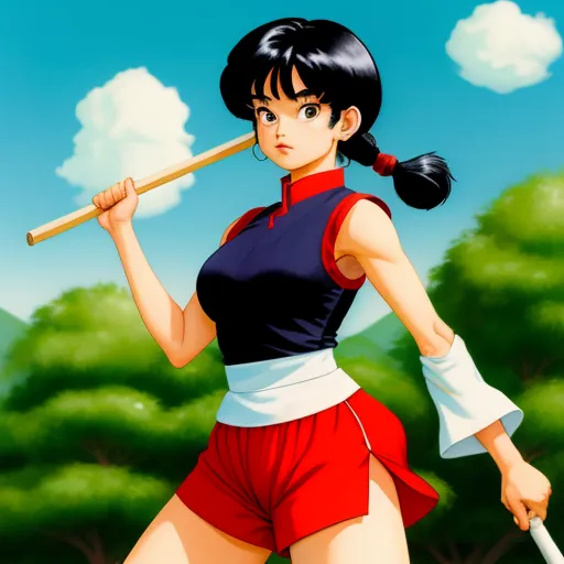 ai photo generator from text - a woman in a red and white outfit holding a baseball bat in her hand and a tree in the background, by Rumiko Takahashi