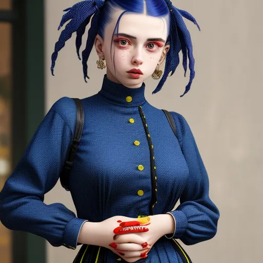 ai based photo editor - a woman with blue hair and a blue dress with a red purse on her shoulder and a red purse on her shoulder, by Terada Katsuya
