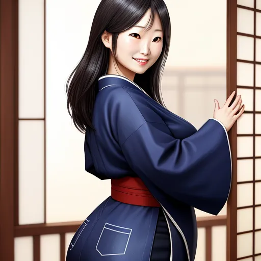 a woman in a blue kimono standing in front of a window with a red sash around her waist, by NHK Animation