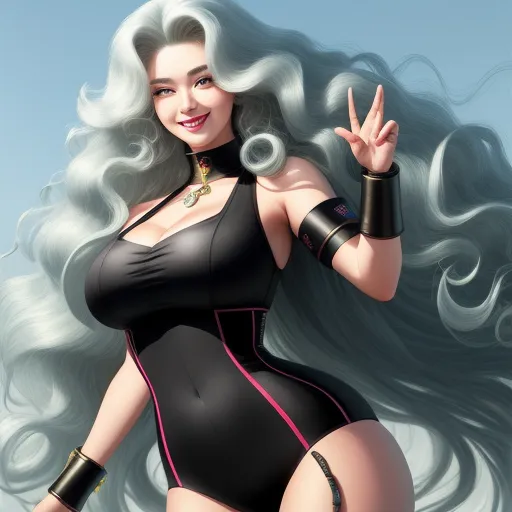 a woman in a black bodysuit with a peace sign in her hand and a hairdo and jewelry, by Hirohiko Araki