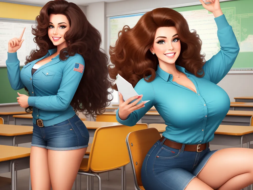 a woman in a blue shirt and jean shorts posing in a classroom with her hands up in the air, by Hanna-Barbera