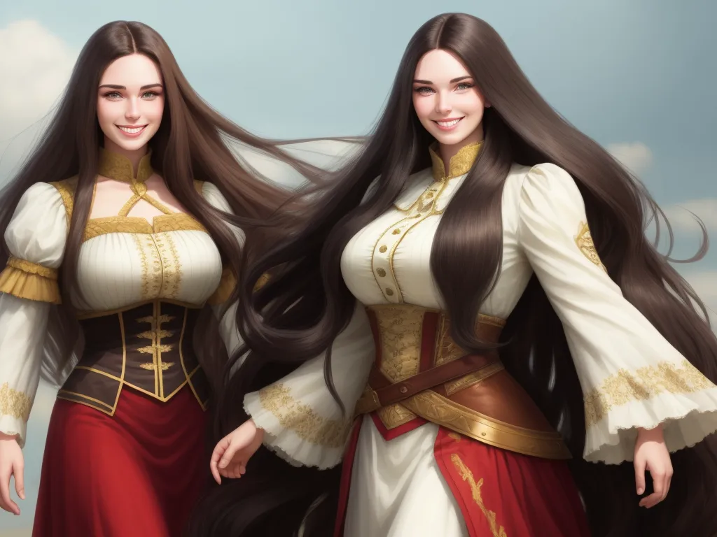 picture converter - two women dressed in medieval clothing standing next to each other with long hair and a smile on their faces, by Alessandro Galli Bibiena