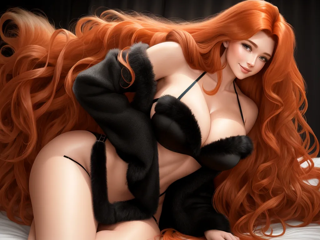 ai created images - a very pretty red haired woman laying on a bed with long hair and a black bra top on her chest, by Terada Katsuya
