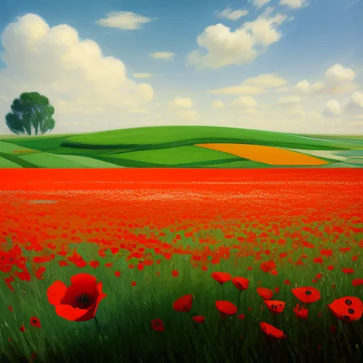 image convert - a painting of a field of red flowers with a tree in the distance and a blue sky with clouds, by Paul Corfield