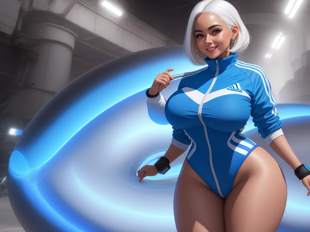 image quality lower - a woman in a blue suit posing for a picture in a futuristic setting with a blue swirl in the background, by Lois van Baarle