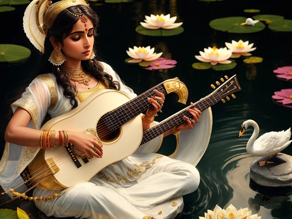 high quality photos online - a woman sitting on a boat playing a guitar in a pond of water lilies with a swan nearby, by Tom Bagshaw