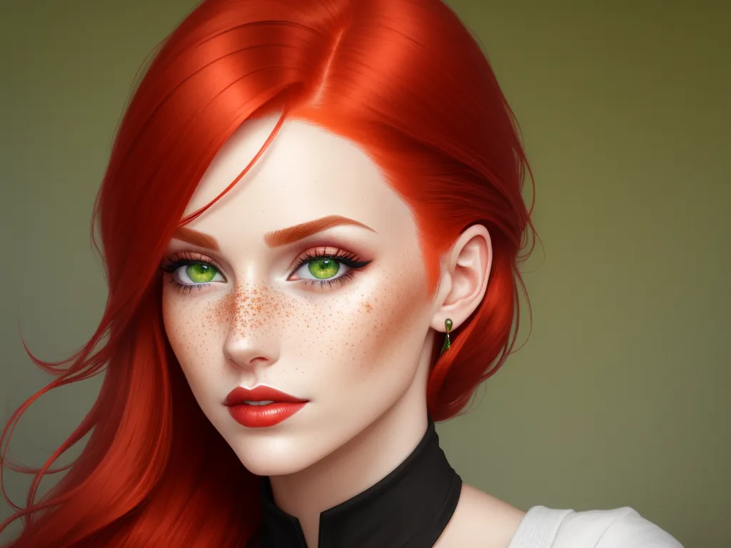 4k picture converter - a woman with red hair and green eyes wearing a black collared top and a black choker with gold studs, by Daniela Uhlig