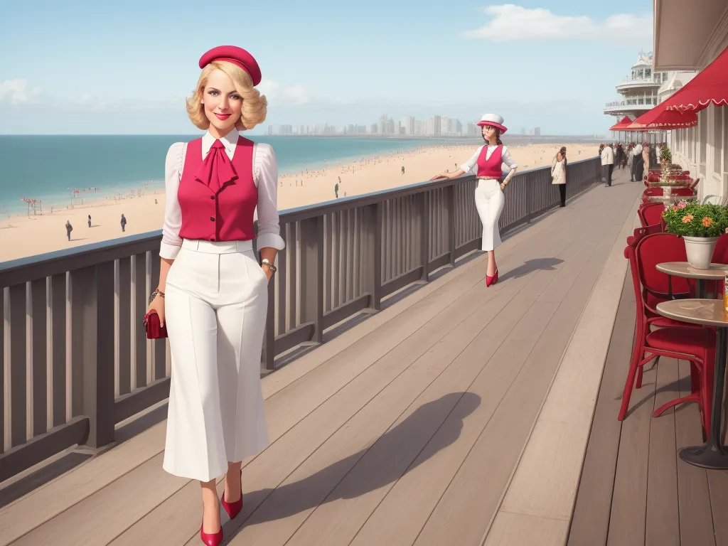 increasing resolution of image - a woman in a red and white outfit is walking on a boardwalk near the beach and a red umbrella, by Jon Whitcomb