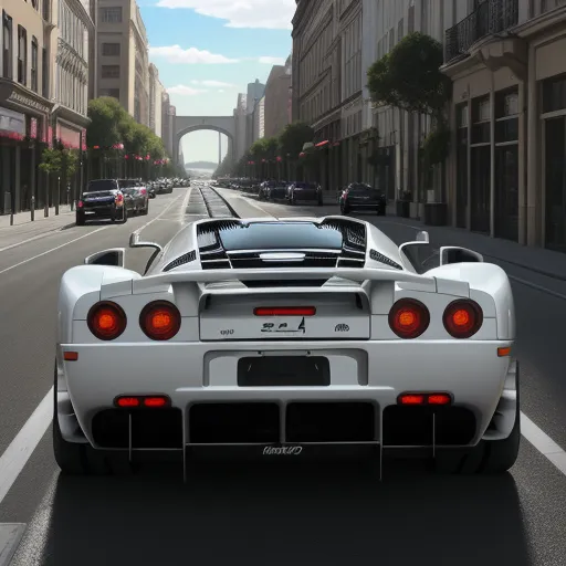 4k ultra hd photo converter - a white sports car driving down a street next to tall buildings and a bridge in the distance with cars driving on the road, by Terada Katsuya