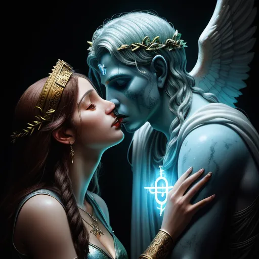 a couple of people that are kissing each other with wings on their heads and a cross on their chest, by Tom Bagshaw