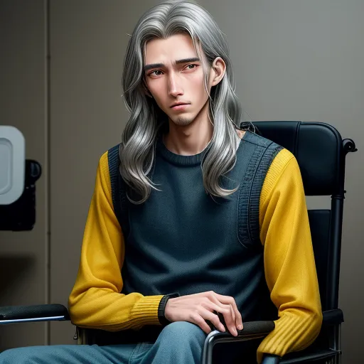 how to make a photo high resolution - a man with long hair sitting in a chair with a remote control in his hand and a yellow sweater on, by Akira Toriyama