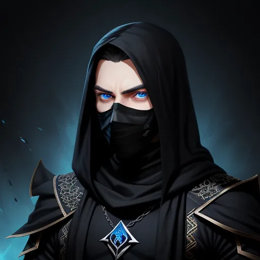 a man wearing a black mask and a black cloak with blue eyes and a black hood on his head, by Lois van Baarle