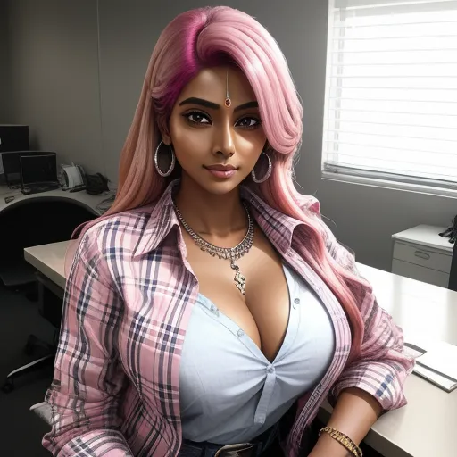 a woman with pink hair and a shirt on is posing for a picture in an office setting with a desk and computer, by Terada Katsuya