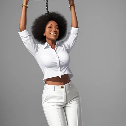 best text-to image ai - a woman holding a piece of paper above her head with a chain attached to her head and smiling at the camera, by Kehinde Wiley