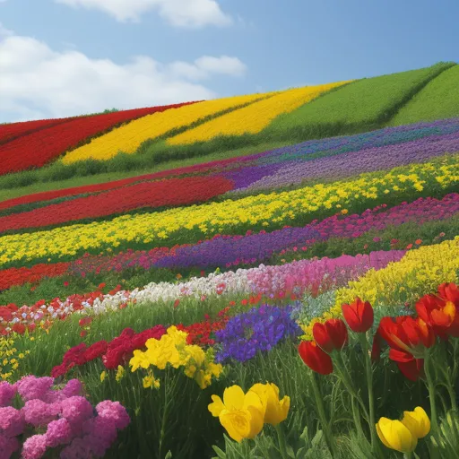 ai image generator online - a field of flowers with a hill in the background and a blue sky with clouds in the background and a few clouds in the sky, by Yoshiyuki Tomino