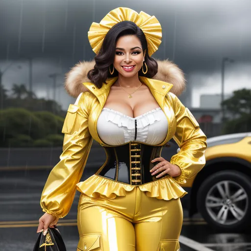 a woman in a gold outfit and a fur collared hat is standing in the rain with a purse, by David LaChapelle