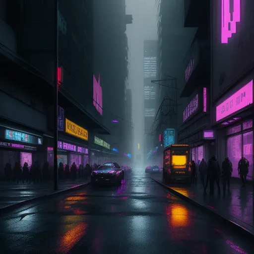 ai image generator from text online - a city street with a bus and cars on it at night time with neon lights on the buildings and people walking on the sidewalk, by Liam Wong