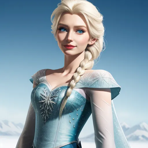 ai text to image generator - a frozen princess with a braid and blue dress with snow on her face and a snowflake on her shoulder, by Toei Animations
