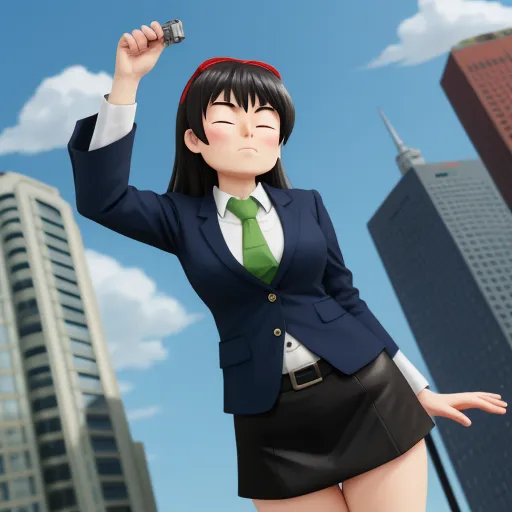 a woman in a business suit holding a cell phone in her hand and a city in the background with skyscrapers, by Toei Animations