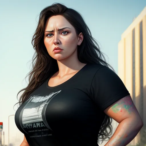 a woman with a black shirt and a tattoo on her arm and shoulder, standing in front of a building, by Daniela Uhlig