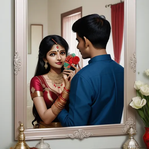 high quality maker - a man and woman looking at each other in a mirror with flowers in front of them and a vase of flowers in the mirror, by Raja Ravi Varma