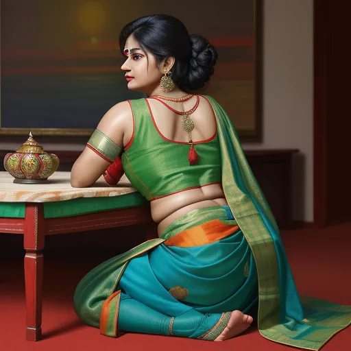 a woman in a green sari sitting at a table with a vase on it and a painting behind her, by Raja Ravi Varma
