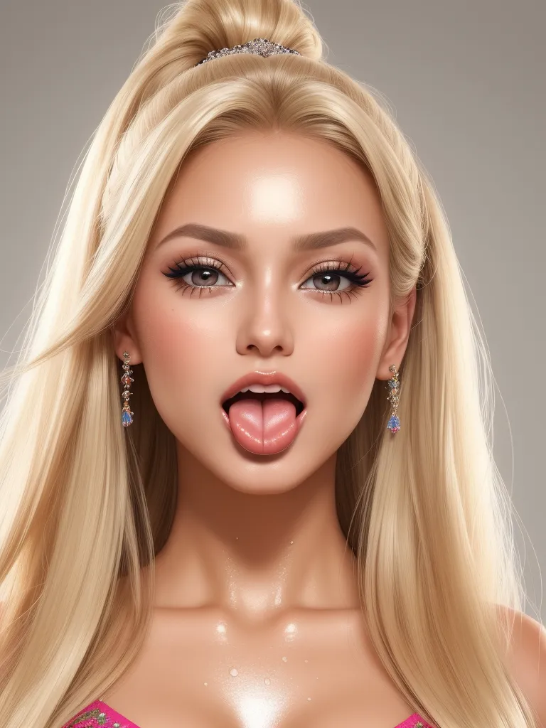 text to picture ai generator - a very pretty blonde woman with big breast and big breast breasts, wearing a pink bra top and earrings, by Hsiao-Ron Cheng