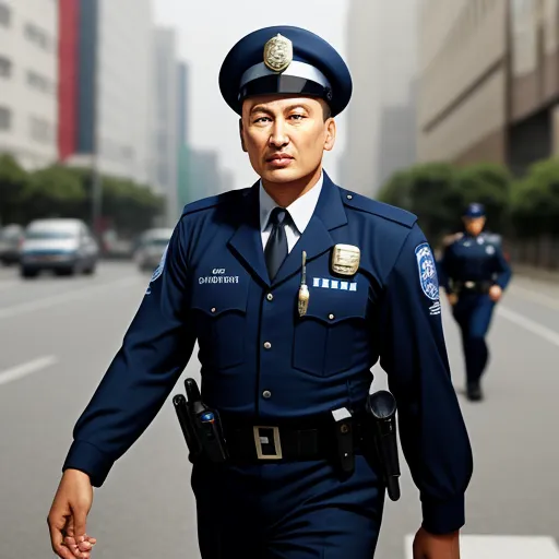 a police officer walking down a street next to a tall building with a traffic light on it's side, by Baiōken Eishun