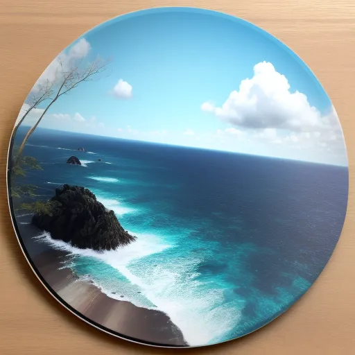 a picture of a beach with a tree on it on a wooden table with a circular plate on it, by John Stezaker