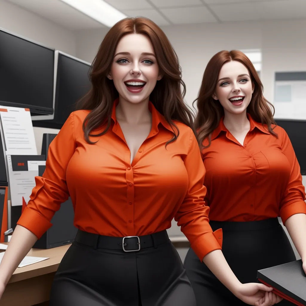 image resolution enhancer - two women in orange shirts are standing in an office setting with computers on the desks behind them and smiling, by Terada Katsuya