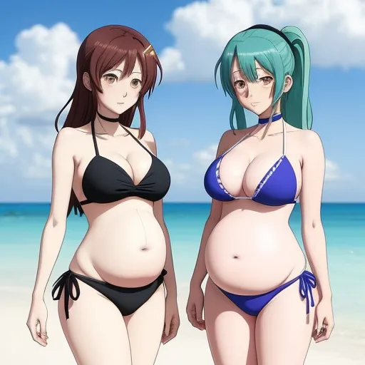 lower res - two women in bikinis standing on a beach next to the ocean and the sky in the background,, by Studio Ghibli