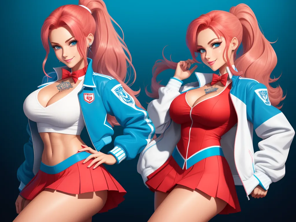 ultra hd print - two women in red and white outfits posing for a picture together, both wearing blue and white jackets and red skirts, by Lois van Baarle