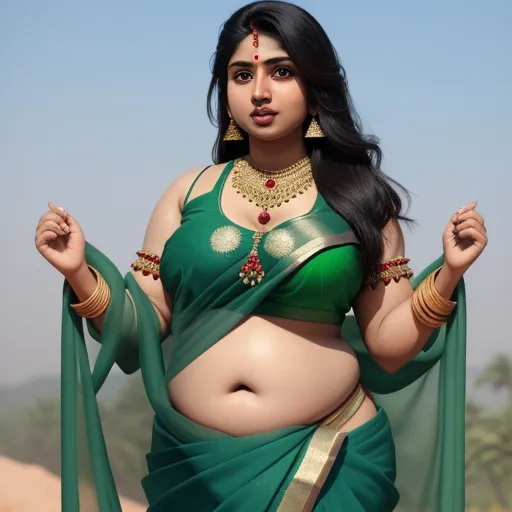 a woman in a green sari with a belly ring and a green sari on her chest and arms, by Raja Ravi Varma