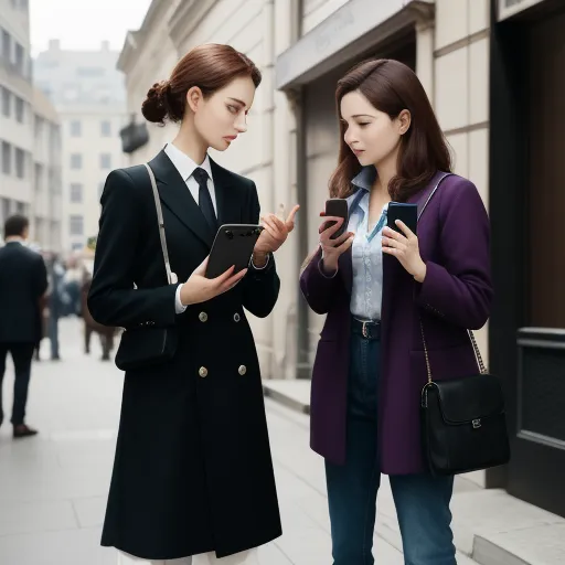 make picture higher resolution - two women standing on a sidewalk looking at their cell phones and looking at their phones in their hands,, by Chen Daofu