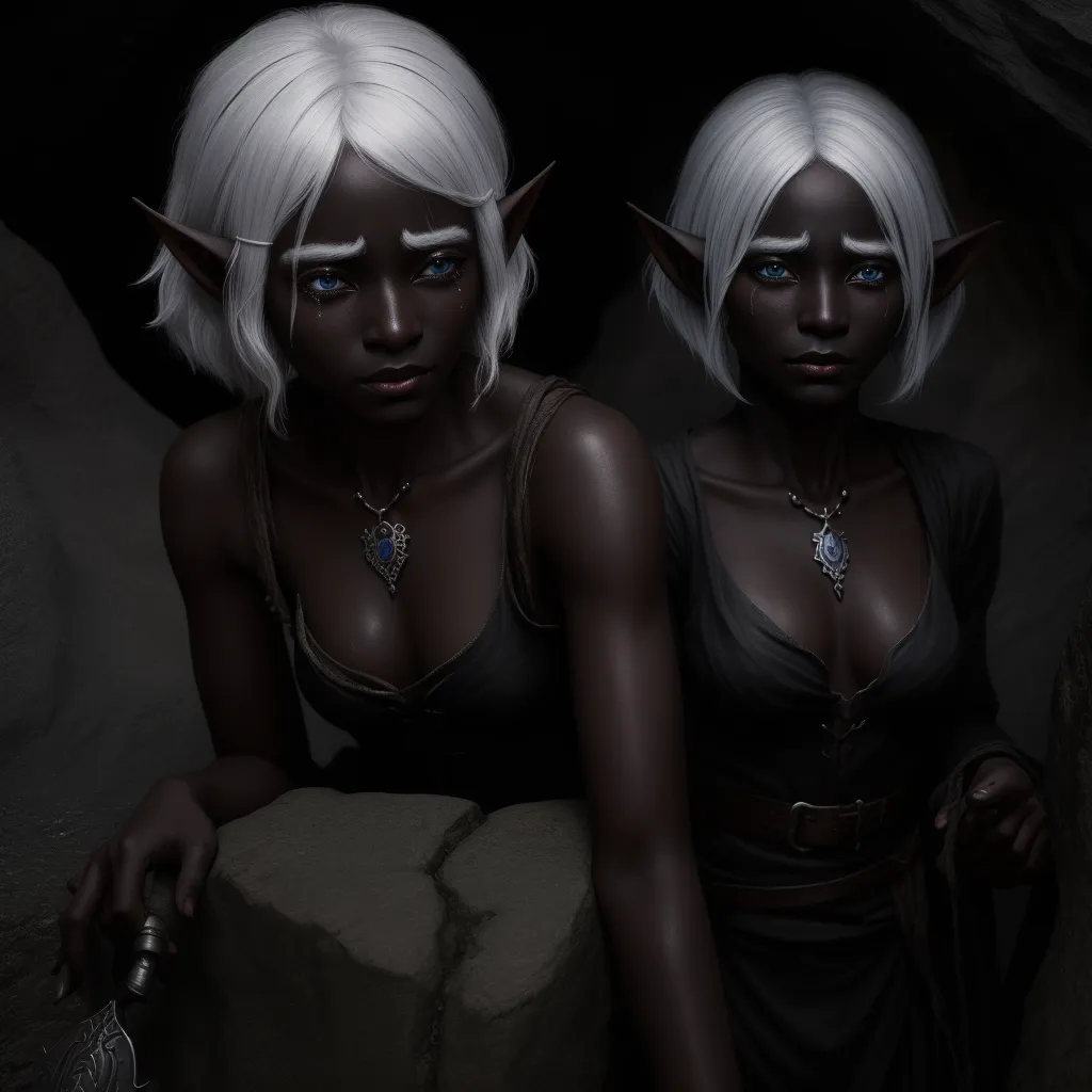 two women with white hair and blue eyes are sitting next to each other in a cave with a rock, by Daniela Uhlig