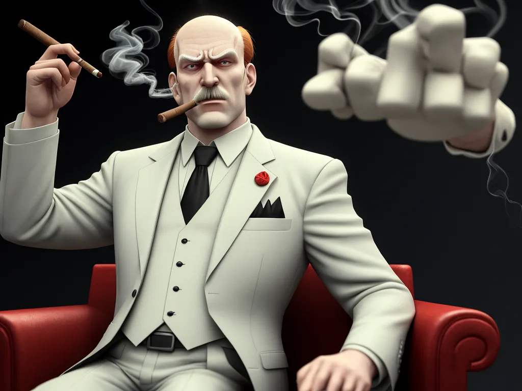 high quality photos online - a man in a suit smoking a cigarette in a chair with a red chair and a black background with a red chair and a red chair with a man in a white suit, by Lois van Baarle