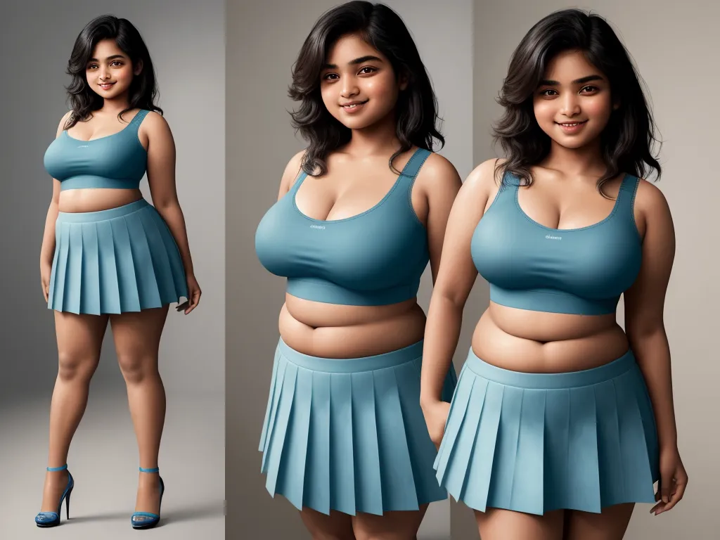 convert image to text ai - a woman in a blue skirt posing for a picture with her stomach exposed and her breasts exposed, and her top half turned, by Hendrik van Steenwijk I