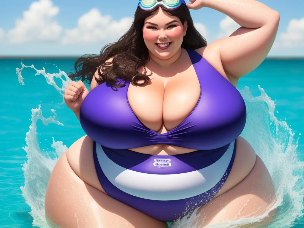 best photo ai enhancer - a woman in a purple bikini is in the water with a large breast and large breasts, and a large pair of goggles on her head, by Terada Katsuya