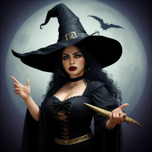 ai text to image - a woman dressed in a witches costume holding a wand and pointing at the camera with a full moon behind her, by Edith Lawrence