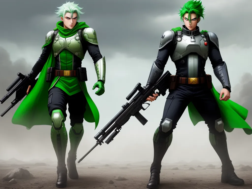 two men in green and black outfits holding guns and guns in their hands, one with a green cape, by Hiromu Arakawa