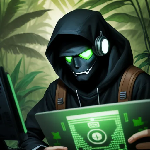 a man in a hoodie is using a laptop computer with headphones on his ears and a green light on his face, by Lois van Baarle